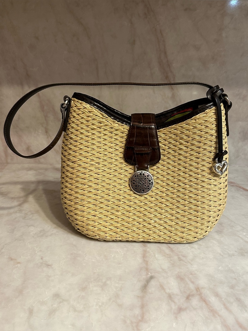 Brighton Woven Straw Leather Shoulder Bag Silver Heart Charm Boho
